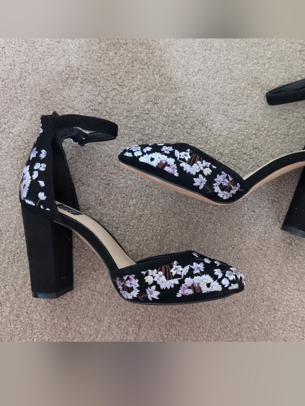 White House Black Market Embroidered Floral Suede Chunky Strapped Heels - Picture 3 of 5
